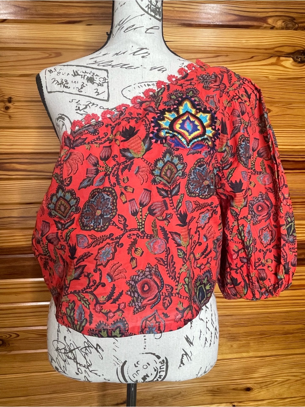 FARM Rio Red One-Shoulder Floral Puff-Sleeve Top